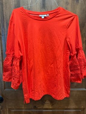 Chico's Bright Red Smocked-Sleeve Crewneck Top